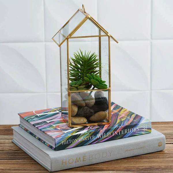 10.5" Tall Geometric Glass Terrarium Vase With Metal Frame - Clear With Gold 6 10.5" Tall Geometric Glass Terrarium Vase With Metal Frame - Clear With Gold - Image 4