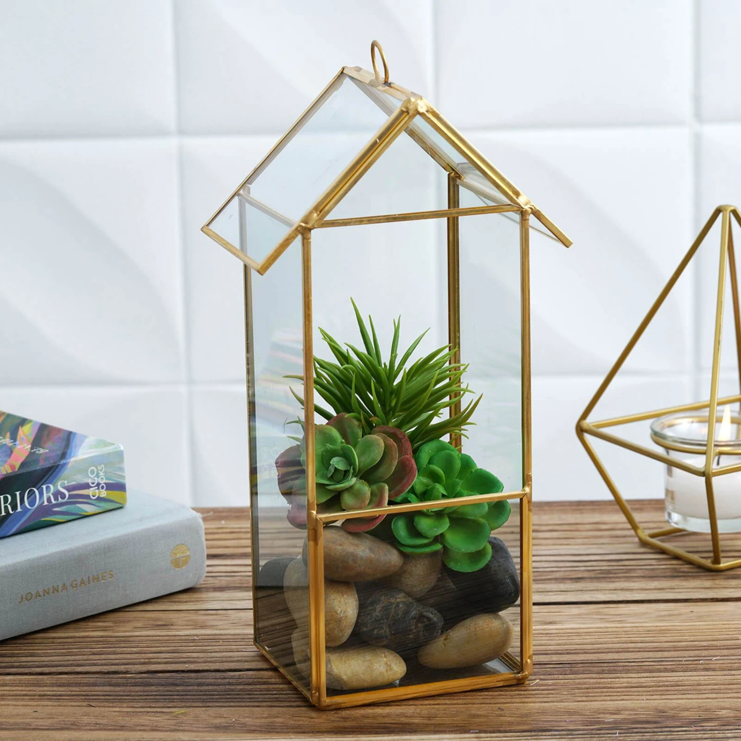 10.5" Tall Geometric Glass Terrarium Vase With Metal Frame - Clear With Gold 9 10.5" Tall Geometric Glass Terrarium Vase With Metal Frame - Clear With Gold - Image 7