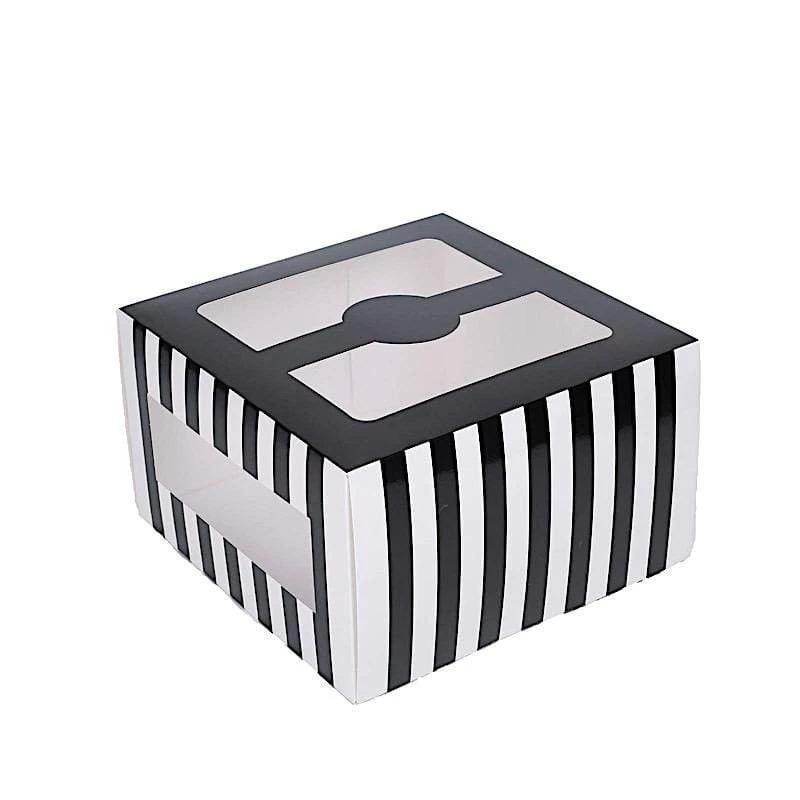 10 Pcs 10" Striped Dessert Bakery Cake Boxes With Window - Black And White