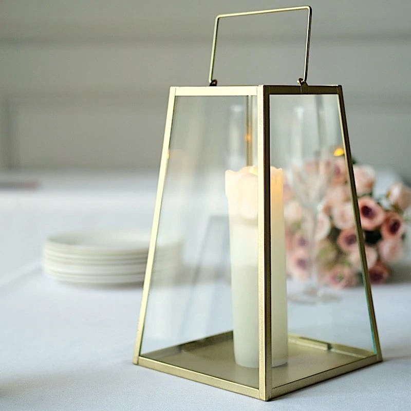 10" Tall Geometric Metal Lantern Candle Holder Hanging Terrarium - Gold And Clear 8 10" Tall Geometric Metal Lantern Candle Holder Hanging Terrarium - Gold And Clear - Image 6