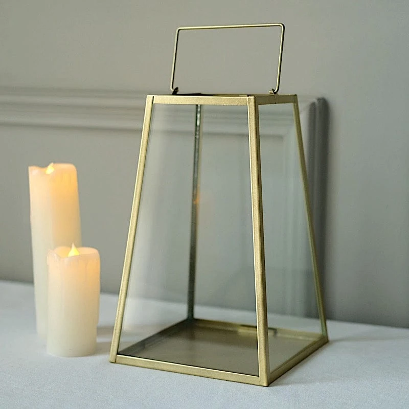 10" Tall Geometric Metal Lantern Candle Holder Hanging Terrarium - Gold And Clear 6 10" Tall Geometric Metal Lantern Candle Holder Hanging Terrarium - Gold And Clear - Image 4