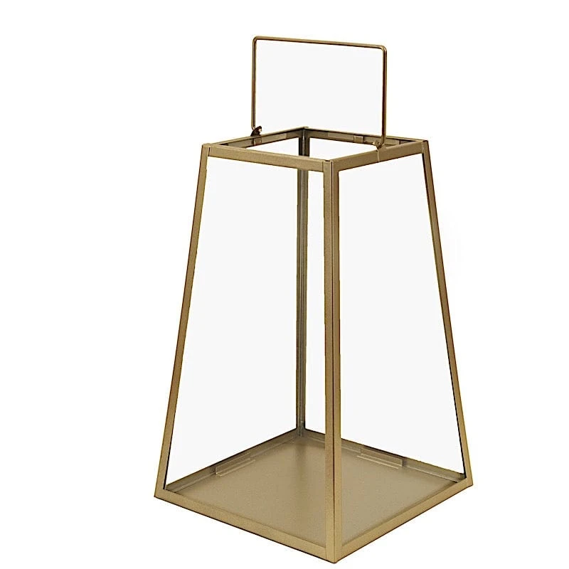 10" Tall Geometric Metal Lantern Candle Holder Hanging Terrarium - Gold And Clear 3 10" Tall Geometric Metal Lantern Candle Holder Hanging Terrarium - Gold And Clear
