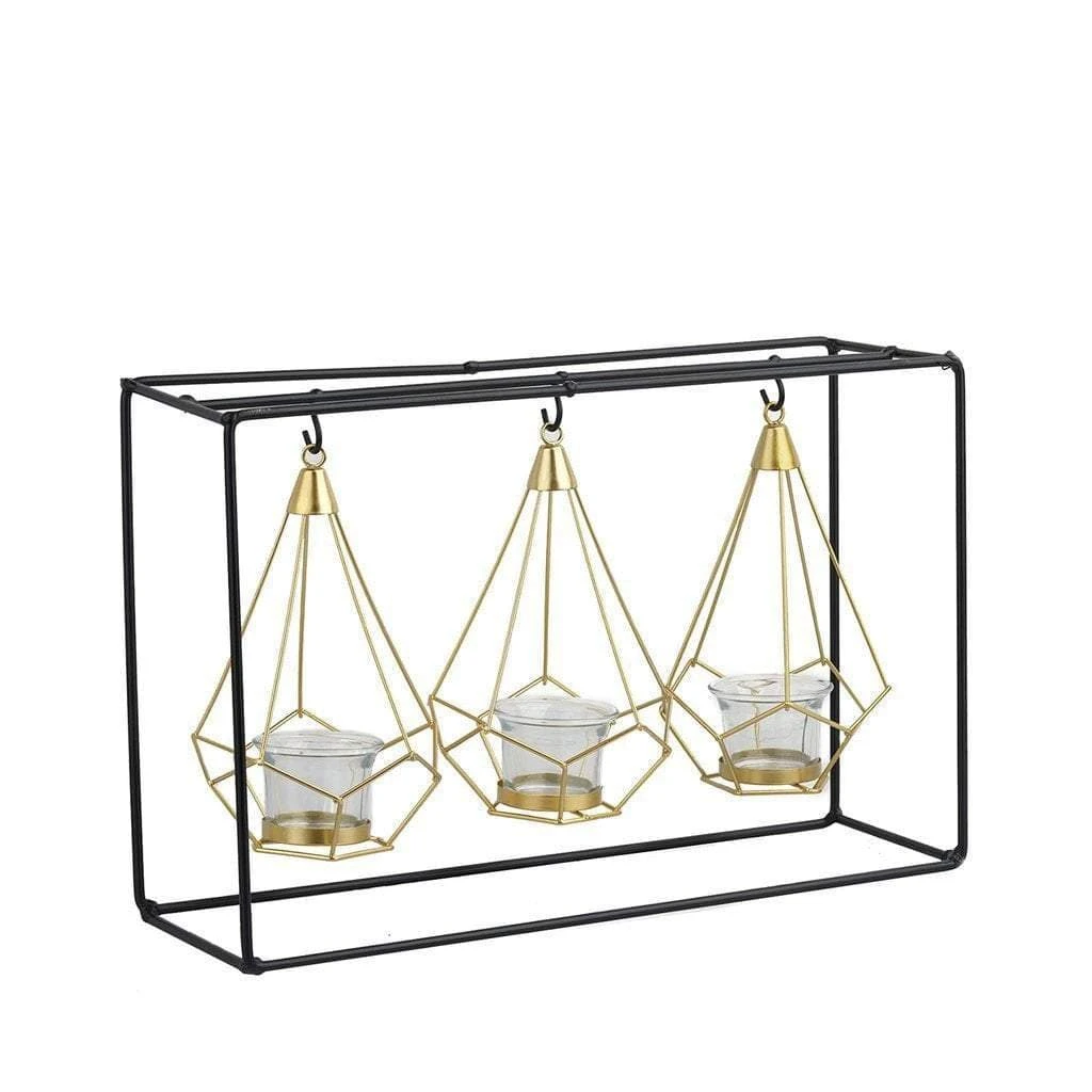 10" Tall Iron Stand With 3 Geometric Design Metal Tealight Holders Lanterns - Gold And Black 3 10" Tall Iron Stand With 3 Geometric Design Metal Tealight Holders Lanterns - Gold And Black
