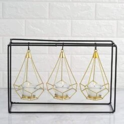 10" Tall Iron Stand With 3 Geometric Design Metal Tealight Holders Lanterns - Gold And Black 11 10" Tall Iron Stand With 3 Geometric Design Metal Tealight Holders Lanterns - Gold And Black -Optimal Home Decoration 10 tall iron stand with 3 geometric design metal tealight holders lanterns gold and black iron cand 006 gdblk 5000720384063