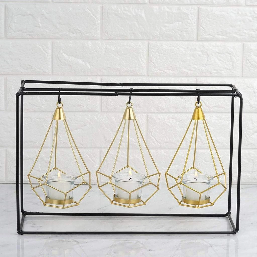 10" Tall Iron Stand With 3 Geometric Design Metal Tealight Holders Lanterns - Gold And Black 6 10" Tall Iron Stand With 3 Geometric Design Metal Tealight Holders Lanterns - Gold And Black - Image 4
