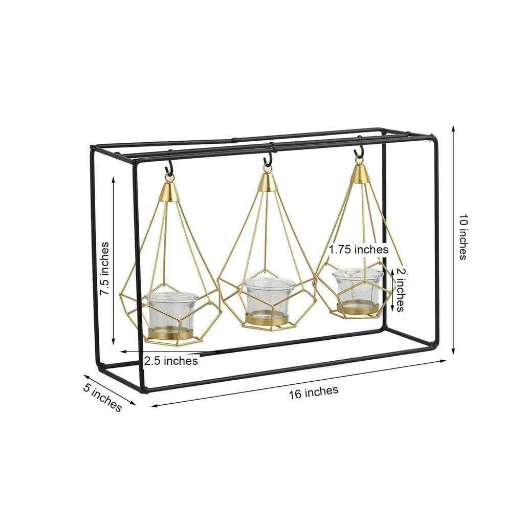10" Tall Iron Stand With 3 Geometric Design Metal Tealight Holders Lanterns - Gold And Black 4 10" Tall Iron Stand With 3 Geometric Design Metal Tealight Holders Lanterns - Gold And Black - Image 2