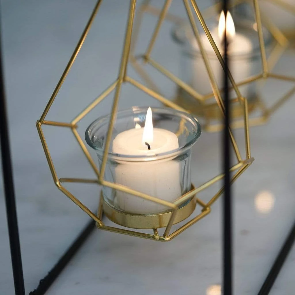 10" Tall Iron Stand With 3 Geometric Design Metal Tealight Holders Lanterns - Gold And Black 5 10" Tall Iron Stand With 3 Geometric Design Metal Tealight Holders Lanterns - Gold And Black - Image 3