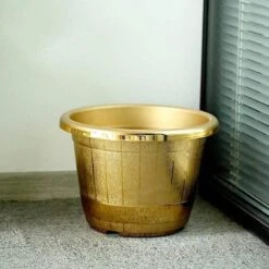 10" Tall Round Plastic Flower Plant Pot With Metallic Barrel Design -Optimal Home Decoration 10 tall round plastic flower plant pot with metallic barrel design 28948105396287