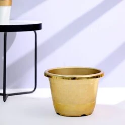 10" Tall Round Plastic Flower Plant Pot With Metallic Barrel Design -Optimal Home Decoration 10 tall round plastic flower plant pot with metallic barrel design 28948105429055