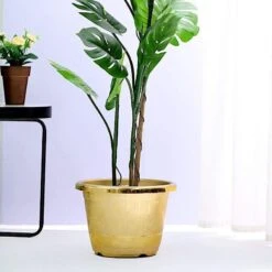 10" Tall Round Plastic Flower Plant Pot With Metallic Barrel Design -Optimal Home Decoration 10 tall round plastic flower plant pot with metallic barrel design 28948105527359