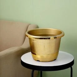 10" Tall Round Plastic Flower Plant Pot With Metallic Barrel Design -Optimal Home Decoration 10 tall round plastic flower plant pot with metallic barrel design 28948157857855