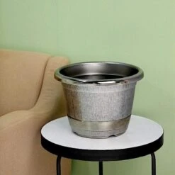 10" Tall Round Plastic Flower Plant Pot With Metallic Barrel Design -Optimal Home Decoration 10 tall round plastic flower plant pot with metallic barrel design 28948192985151