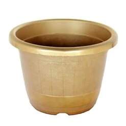 10" Tall Round Plastic Flower Plant Pot With Metallic Barrel Design -Optimal Home Decoration 10 tall round plastic flower plant pot with metallic barrel design plnt plst 003 l gold 28948105297983
