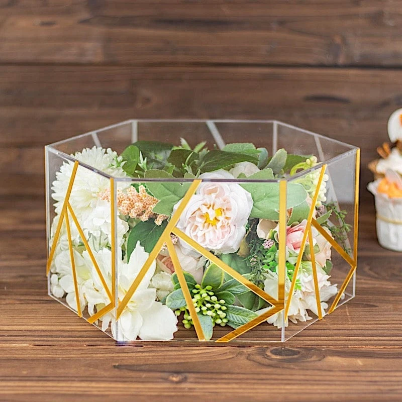 10" X 5" Hexagonal Acrylic Display Box Geometric Pedestal Riser - Clear With Gold 11 10" X 5" Hexagonal Acrylic Display Box Geometric Pedestal Riser - Clear With Gold - Image 9