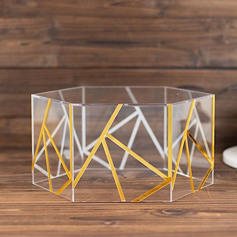 10" X 5" Hexagonal Acrylic Display Box Geometric Pedestal Riser - Clear With Gold 8 10" X 5" Hexagonal Acrylic Display Box Geometric Pedestal Riser - Clear With Gold - Image 6