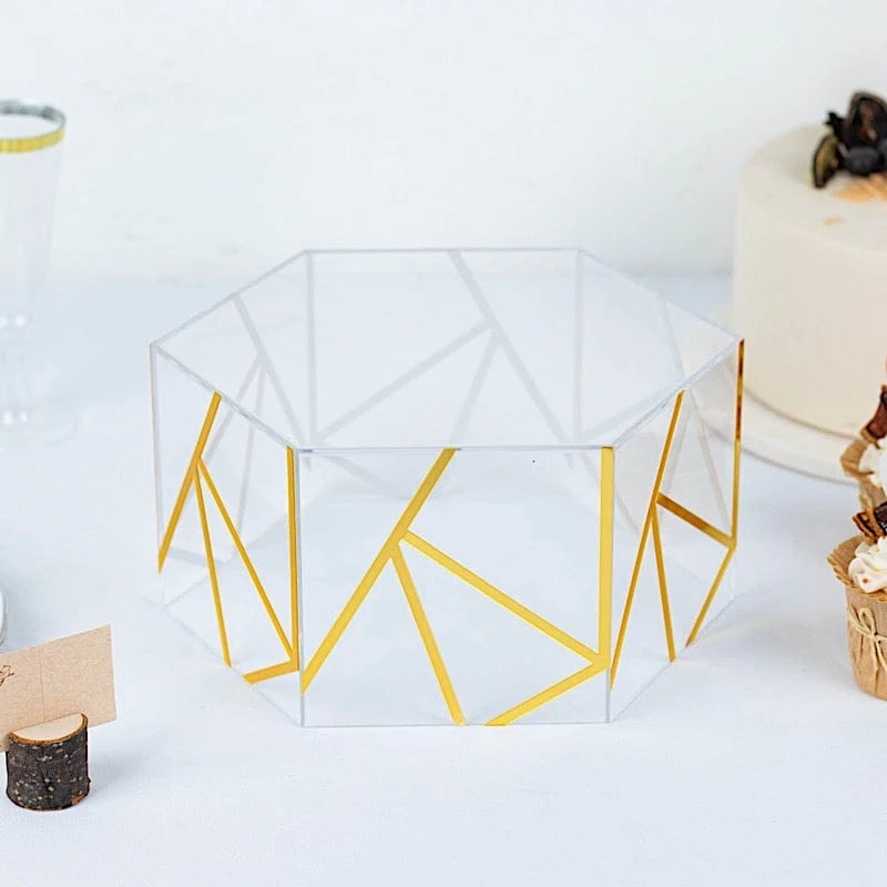 10" X 5" Hexagonal Acrylic Display Box Geometric Pedestal Riser - Clear With Gold 12 10" X 5" Hexagonal Acrylic Display Box Geometric Pedestal Riser - Clear With Gold - Image 10