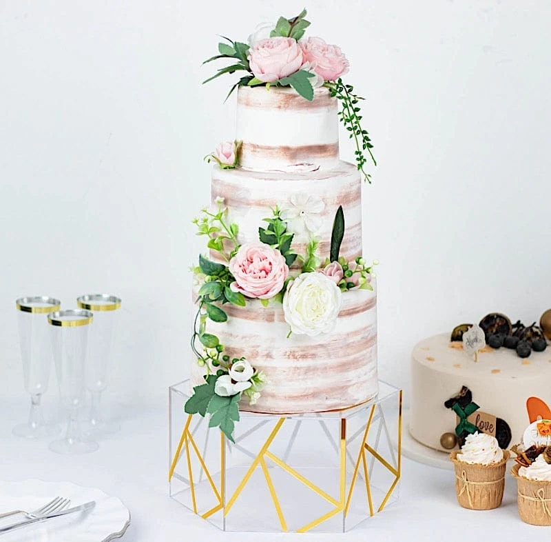 10" X 5" Hexagonal Acrylic Display Box Geometric Pedestal Riser - Clear With Gold 6 10" X 5" Hexagonal Acrylic Display Box Geometric Pedestal Riser - Clear With Gold - Image 4