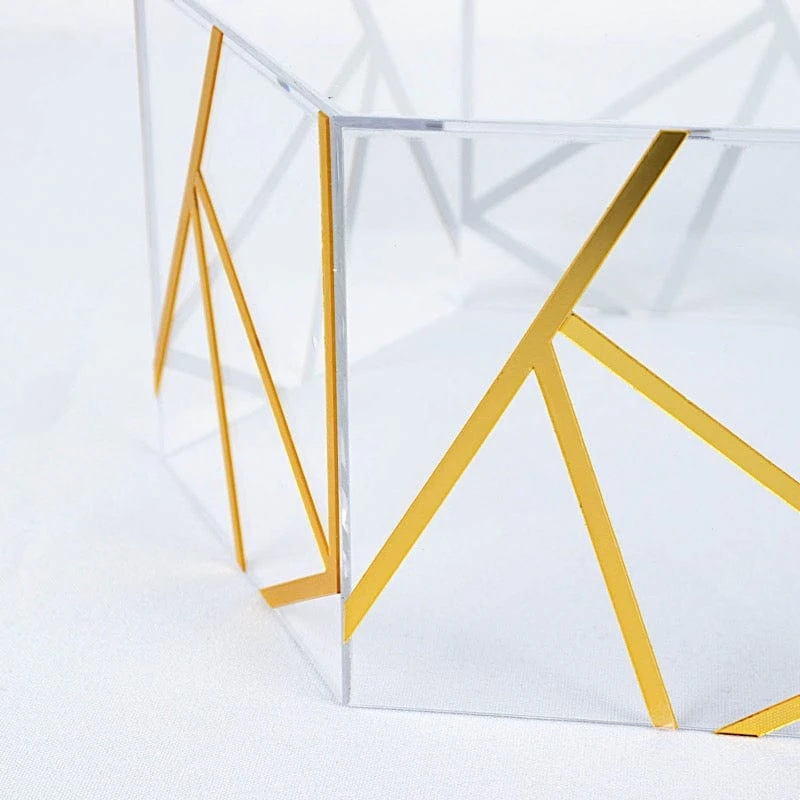 10" X 5" Hexagonal Acrylic Display Box Geometric Pedestal Riser - Clear With Gold 5 10" X 5" Hexagonal Acrylic Display Box Geometric Pedestal Riser - Clear With Gold - Image 3