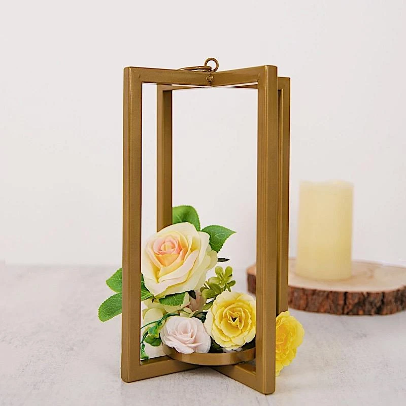 11" Tall Geometric Metal Cross Bar Lantern With Glass Candle Holder 6 11" Tall Geometric Metal Cross Bar Lantern With Glass Candle Holder - Image 4