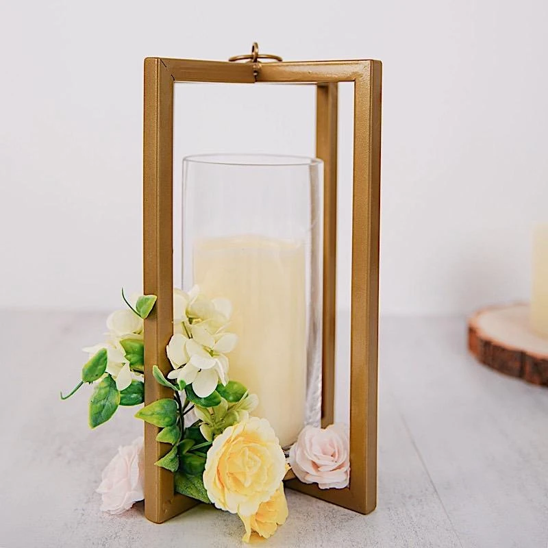 11" Tall Geometric Metal Cross Bar Lantern With Glass Candle Holder 7 11" Tall Geometric Metal Cross Bar Lantern With Glass Candle Holder - Image 5
