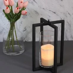 11" Tall Geometric Metal Cross Bar Lantern With Glass Candle Holder 29 11" Tall Geometric Metal Cross Bar Lantern With Glass Candle Holder -Optimal Home Decoration 11 tall geometric metal cross bar lantern with glass candle holder 28955463090239