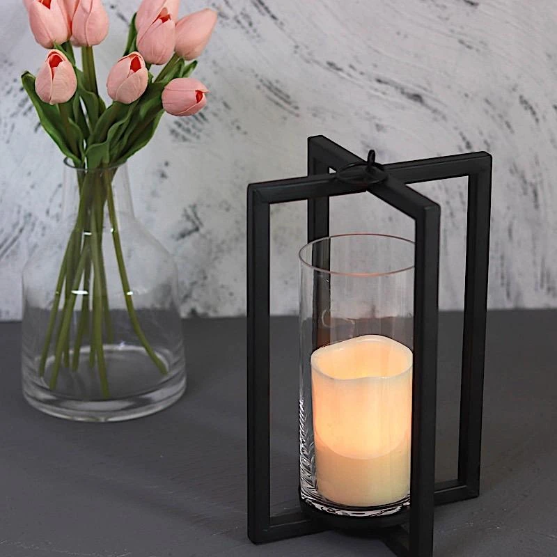 11" Tall Geometric Metal Cross Bar Lantern With Glass Candle Holder 14 11" Tall Geometric Metal Cross Bar Lantern With Glass Candle Holder - Image 12