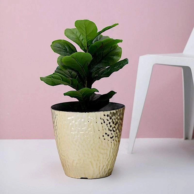 11" Tall Round Plastic Flower Plant Pot With Metallic Hammered Design 7 11" Tall Round Plastic Flower Plant Pot With Metallic Hammered Design - Image 5
