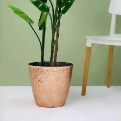 11" Tall Round Plastic Flower Plant Pot With Metallic Hammered Design 40 11" Tall Round Plastic Flower Plant Pot With Metallic Hammered Design -Optimal Home Decoration 11 tall round plastic flower plant pot with metallic hammered design 28948106543167