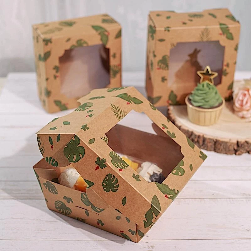 12 Pcs 6" Tropical Leaf Dessert Bakery Cake Boxes With Window - Brown And Green 5 12 Pcs 6" Tropical Leaf Dessert Bakery Cake Boxes With Window - Brown And Green - Image 3