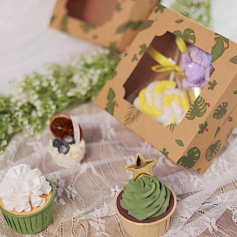 12 Pcs 6" Tropical Leaf Dessert Bakery Cake Boxes With Window - Brown And Green 8 12 Pcs 6" Tropical Leaf Dessert Bakery Cake Boxes With Window - Brown And Green - Image 6