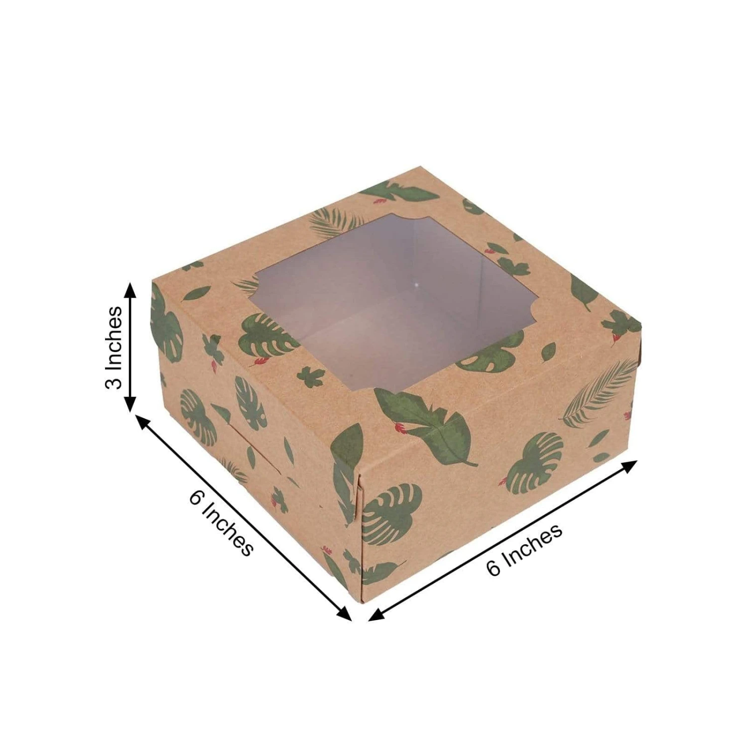 12 Pcs 6" Tropical Leaf Dessert Bakery Cake Boxes With Window - Brown And Green 4 12 Pcs 6" Tropical Leaf Dessert Bakery Cake Boxes With Window - Brown And Green - Image 2
