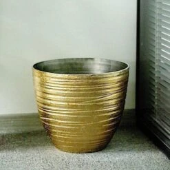12" Tall Metallic Round Plastic Flower Plant Pot With Horizontal Lines Design 25 12" Tall Metallic Round Plastic Flower Plant Pot With Horizontal Lines Design -Optimal Home Decoration 12 tall metallic round plastic flower plant pot with horizontal lines design 28948107165759
