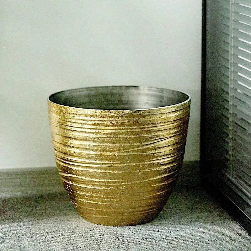 12" Tall Metallic Round Plastic Flower Plant Pot With Horizontal Lines Design 6 12" Tall Metallic Round Plastic Flower Plant Pot With Horizontal Lines Design - Image 4