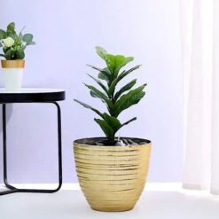 12" Tall Metallic Round Plastic Flower Plant Pot With Horizontal Lines Design 26 12" Tall Metallic Round Plastic Flower Plant Pot With Horizontal Lines Design -Optimal Home Decoration 12 tall metallic round plastic flower plant pot with horizontal lines design 28948107198527