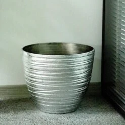 12" Tall Metallic Round Plastic Flower Plant Pot With Horizontal Lines Design 40 12" Tall Metallic Round Plastic Flower Plant Pot With Horizontal Lines Design -Optimal Home Decoration 12 tall metallic round plastic flower plant pot with horizontal lines design 28948107984959