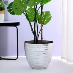 12" Tall Metallic Round Plastic Flower Plant Pot With Horizontal Lines Design 35 12" Tall Metallic Round Plastic Flower Plant Pot With Horizontal Lines Design -Optimal Home Decoration 12 tall metallic round plastic flower plant pot with horizontal lines design 28948402176063
