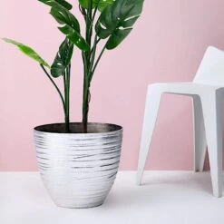 12" Tall Metallic Round Plastic Flower Plant Pot With Horizontal Lines Design 38 12" Tall Metallic Round Plastic Flower Plant Pot With Horizontal Lines Design -Optimal Home Decoration 12 tall metallic round plastic flower plant pot with horizontal lines design 28948402274367