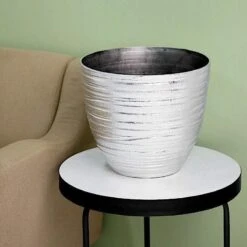 12" Tall Metallic Round Plastic Flower Plant Pot With Horizontal Lines Design 36 12" Tall Metallic Round Plastic Flower Plant Pot With Horizontal Lines Design -Optimal Home Decoration 12 tall metallic round plastic flower plant pot with horizontal lines design 28949836431423