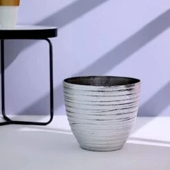 12" Tall Metallic Round Plastic Flower Plant Pot With Horizontal Lines Design 37 12" Tall Metallic Round Plastic Flower Plant Pot With Horizontal Lines Design -Optimal Home Decoration 12 tall metallic round plastic flower plant pot with horizontal lines design 28949836464191