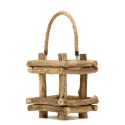 12" Tall Wood Candle Holder With Rope Handle Rustic Lantern - Natural