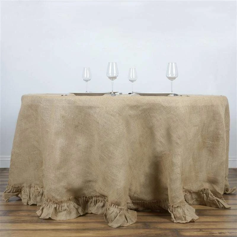 120" Burlap Round Tablecloth With Ruffled Edge - Natural Brown 3 120" Burlap Round Tablecloth With Ruffled Edge - Natural Brown