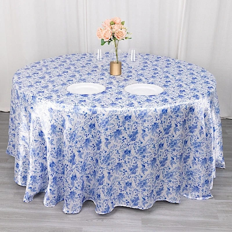 120" Floral Satin Round Tablecloth Wedding Party Table Linens - White With Blue 4 120" Floral Satin Round Tablecloth Wedding Party Table Linens - White With Blue - Image 2