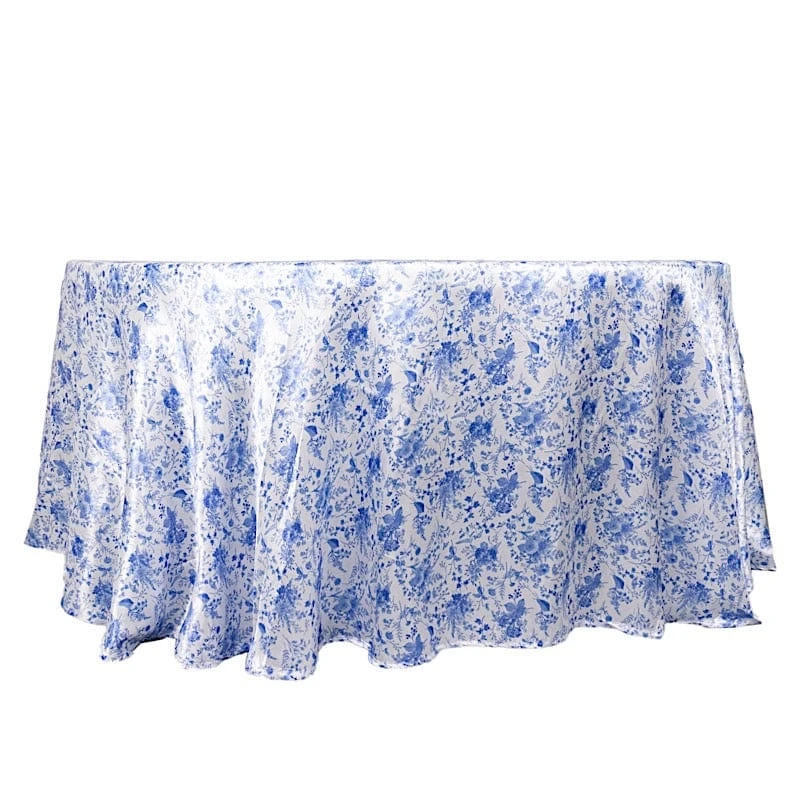 120" Floral Satin Round Tablecloth Wedding Party Table Linens - White With Blue 3 120" Floral Satin Round Tablecloth Wedding Party Table Linens - White With Blue
