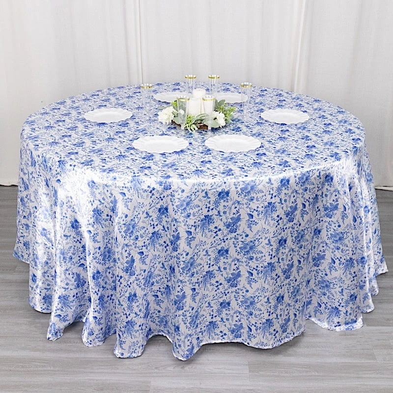 120" Floral Satin Round Tablecloth Wedding Party Table Linens - White With Blue 5 120" Floral Satin Round Tablecloth Wedding Party Table Linens - White With Blue - Image 3