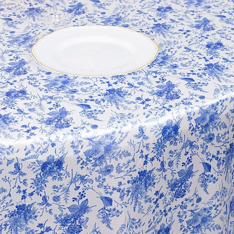 120" Floral Satin Round Tablecloth Wedding Party Table Linens - White With Blue 8 120" Floral Satin Round Tablecloth Wedding Party Table Linens - White With Blue - Image 6