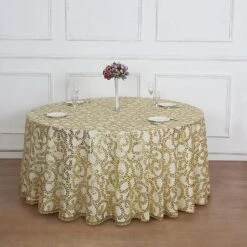 120" Sheer Tulle Round Tablecloth With Embroidered Sequins 32 120" Sheer Tulle Round Tablecloth With Embroidered Sequins -Optimal Home Decoration 120 sequin leaf embroidered seamless tulle round tablecloth 30906175782975