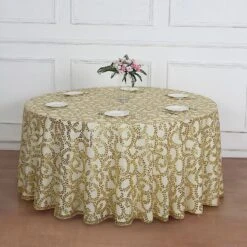 120" Sheer Tulle Round Tablecloth With Embroidered Sequins 35 120" Sheer Tulle Round Tablecloth With Embroidered Sequins -Optimal Home Decoration 120 sequin leaf embroidered seamless tulle round tablecloth 30906175848511