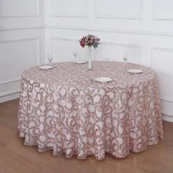 120" Sheer Tulle Round Tablecloth With Embroidered Sequins 27 120" Sheer Tulle Round Tablecloth With Embroidered Sequins -Optimal Home Decoration 120 sequin leaf embroidered seamless tulle round tablecloth 30906175979583