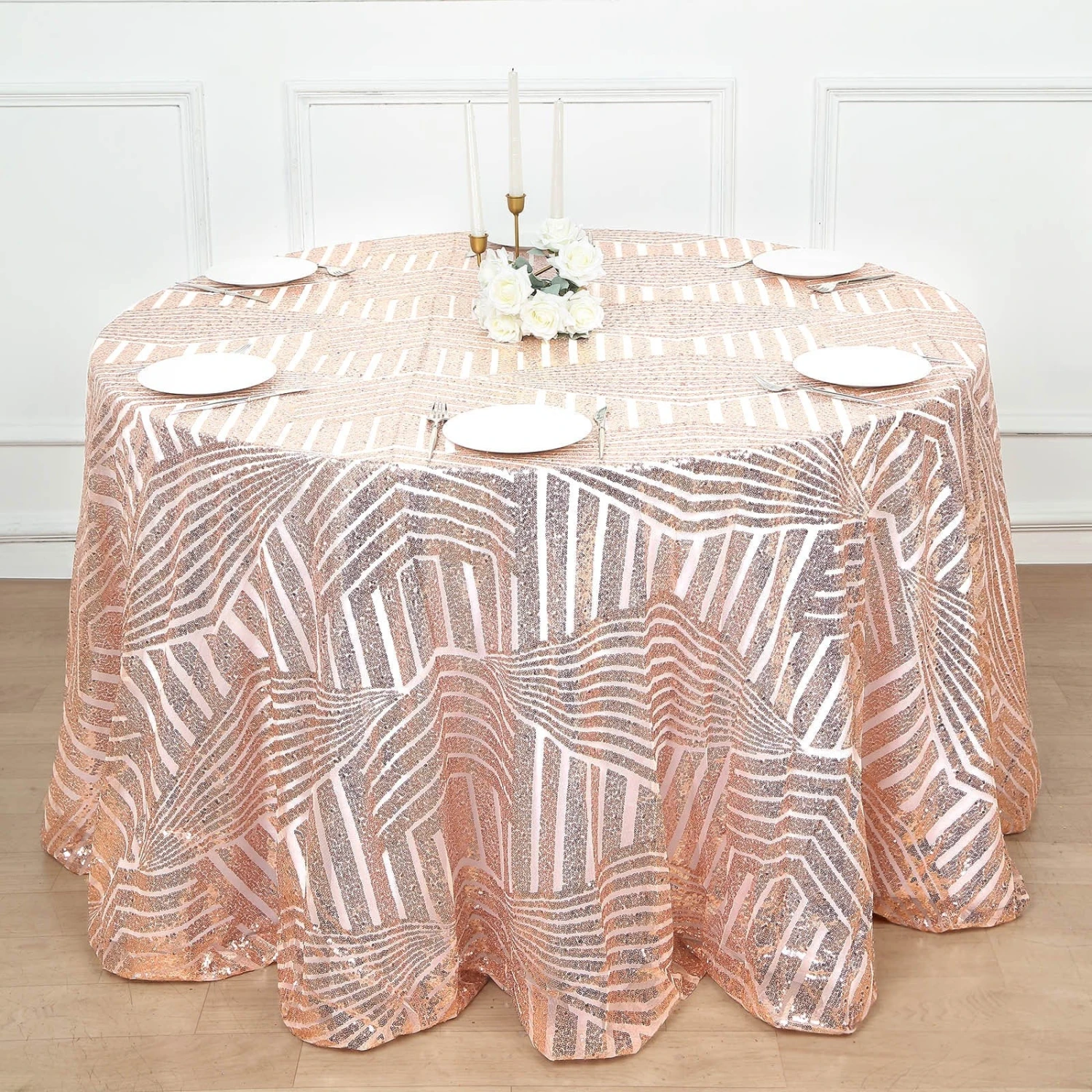 120" Tulle Round Tablecloth With Sequins And Geometric Pattern 5 120" Tulle Round Tablecloth With Sequins And Geometric Pattern - Image 3