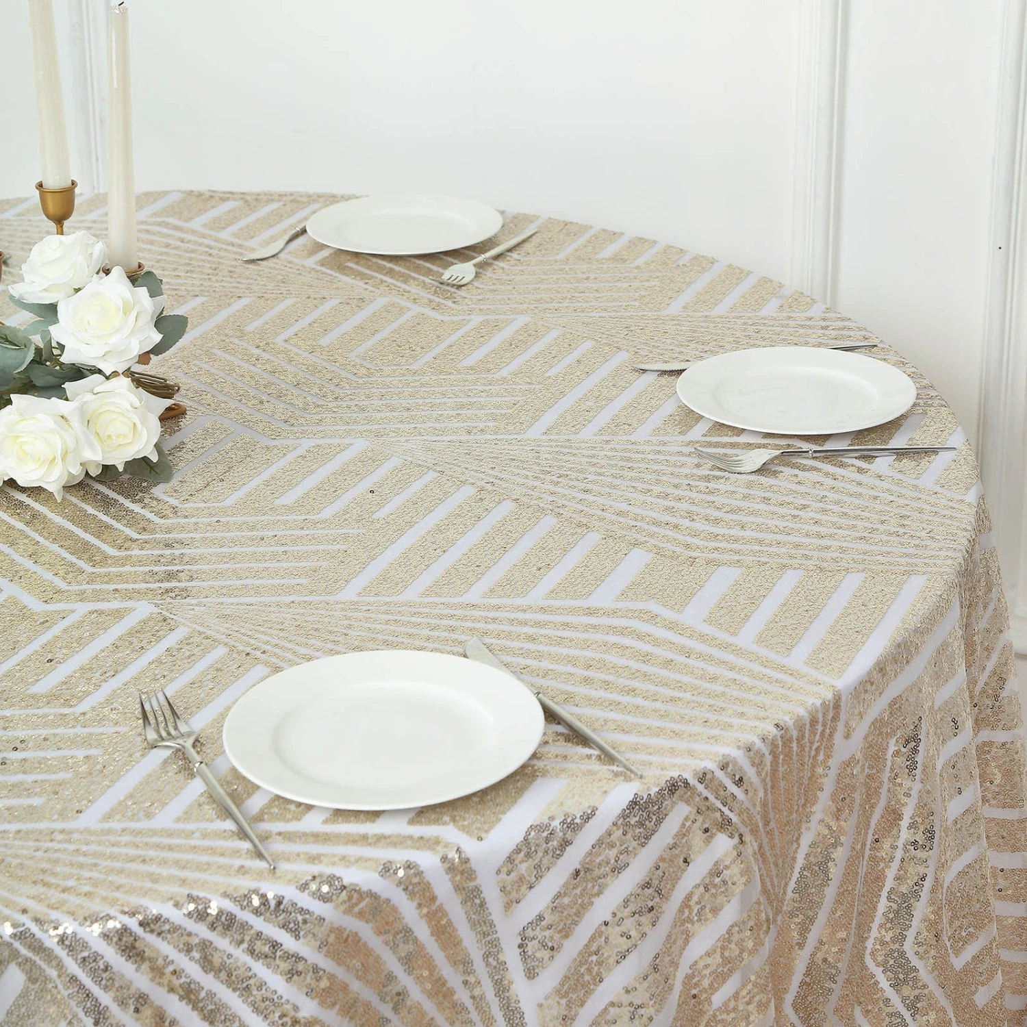 120" Tulle Round Tablecloth With Sequins And Geometric Pattern 19 120" Tulle Round Tablecloth With Sequins And Geometric Pattern - Image 17